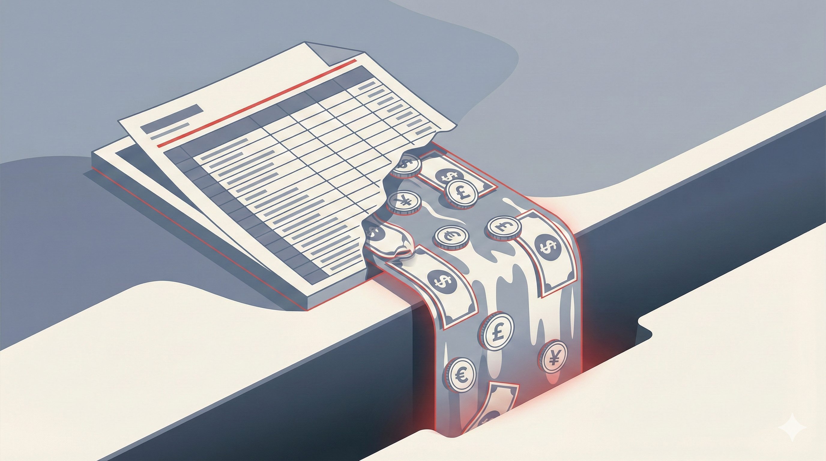 Illustration showing spreadsheets and financial documents with money falling into a gap