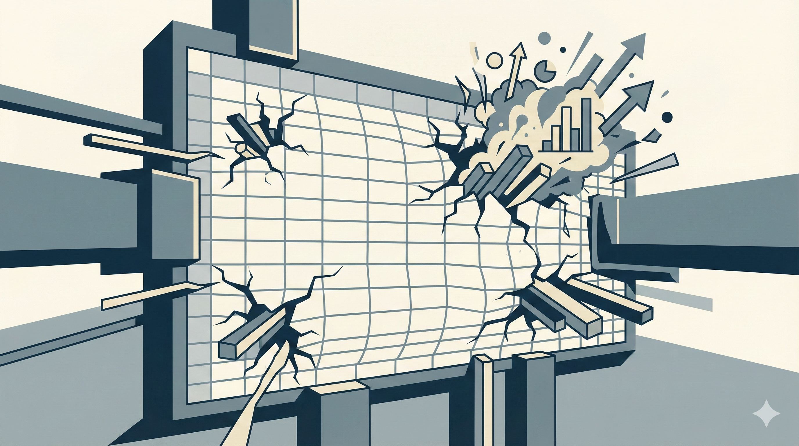 Illustration showing a large spreadsheet with dramatic cracks breaking apart, with business charts and data elements exploding through the broken grid, representing spreadsheet limitations