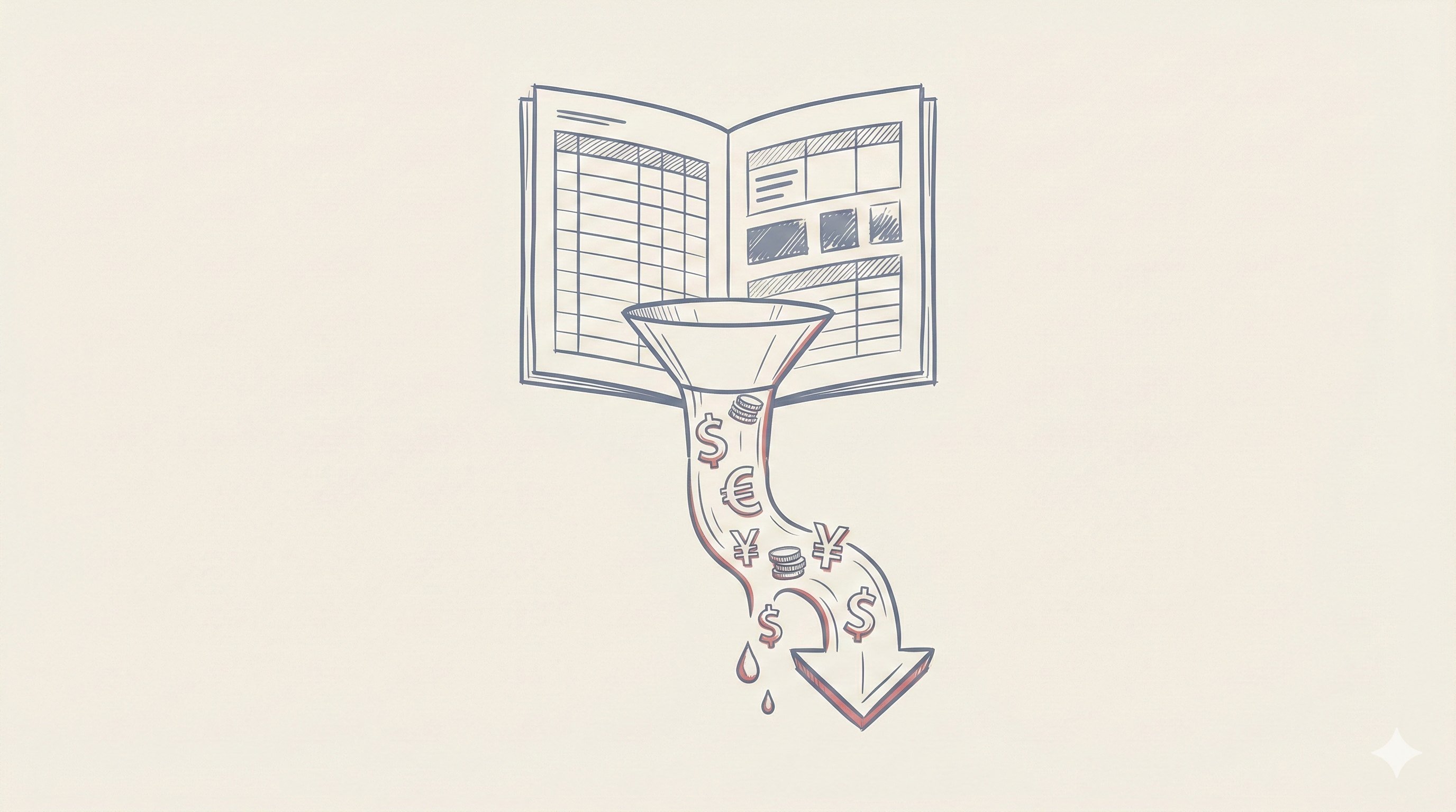 Illustration showing spreadsheets and financial documents with money falling into a gap, representing hidden costs of manual processes